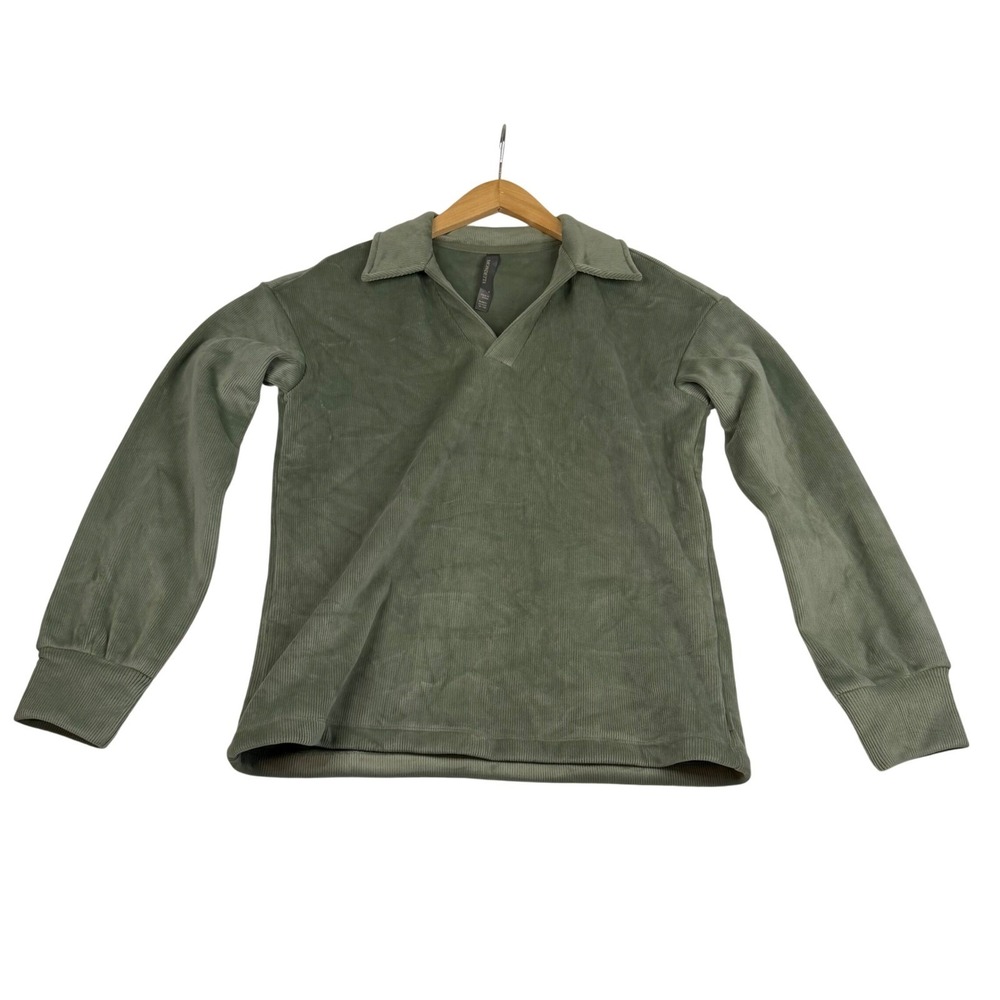 Mondetta Womens Sage Green Ribbed Corduroy Velour Pullover Polo Top Small